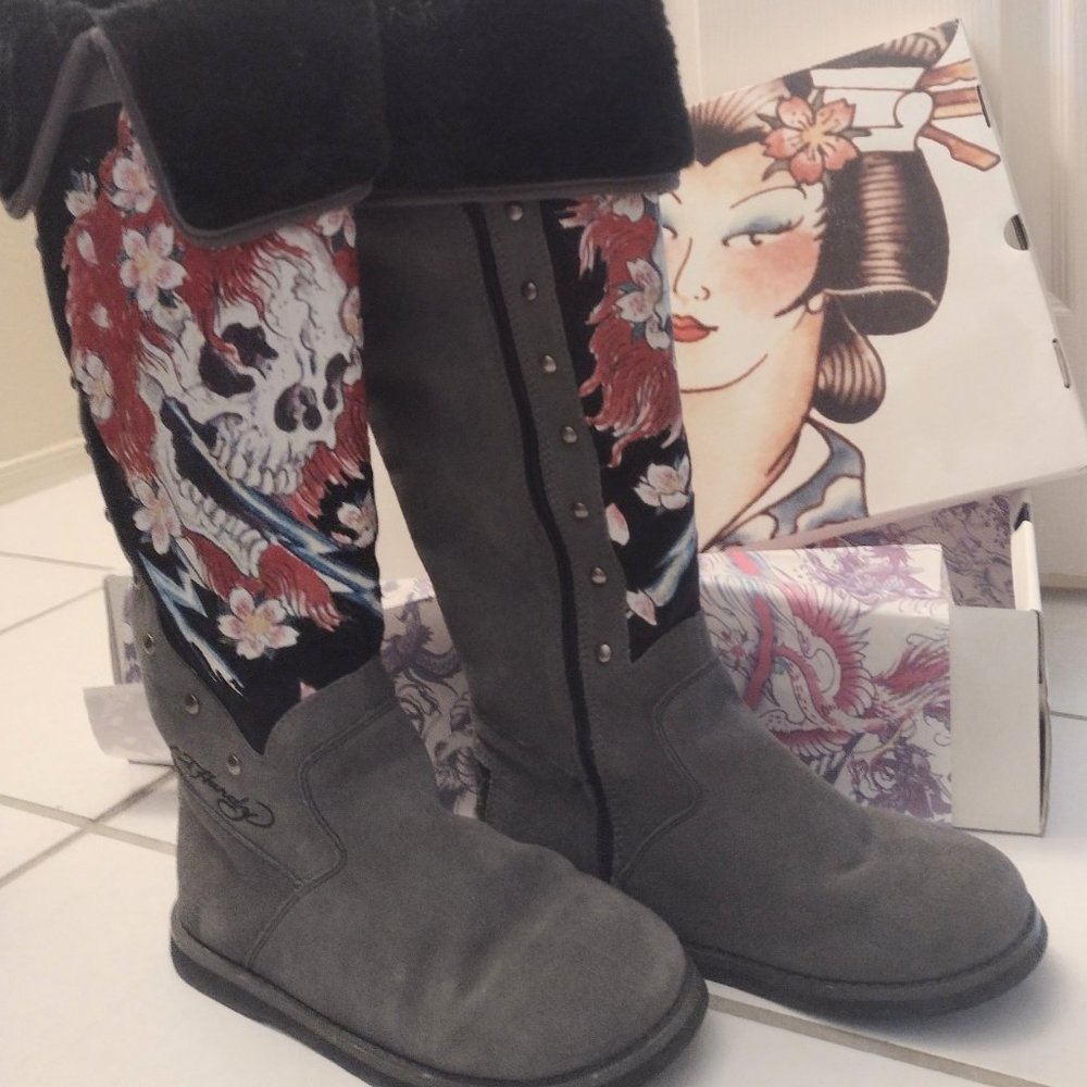 Gently worn Ed Hardy knee high boots Redheaded Skeleton Sz 8